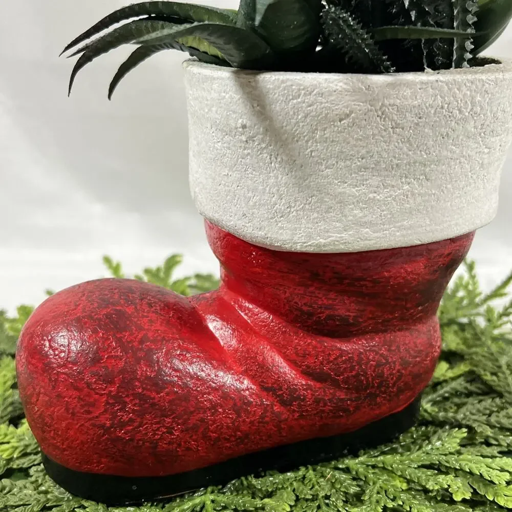 Vintage Ceramic Red Santa Boot Planter w/ Faux Plastic Succulents Plants